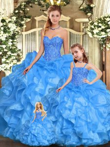Lovely Baby Blue Organza Lace Up Sweet 16 Dress Sleeveless Floor Length Beading and Ruffles