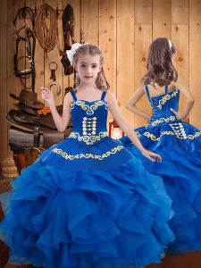 Fashion Blue Organza Lace Up Little Girls Pageant Gowns Sleeveless Floor Length Embroidery and Ruffles
