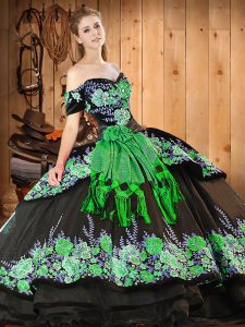 Trendy Black Off The Shoulder Neckline Embroidery and Hand Made Flower Quinceanera Gown Short Sleeves Lace Up
