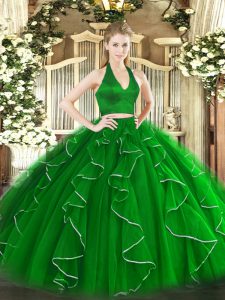 Cheap Green Organza Zipper Sweet 16 Dresses Sleeveless Floor Length Ruffles