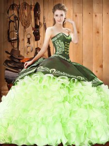 Stylish Yellow Green Ball Gowns Organza Sweetheart Sleeveless Embroidery and Ruffles Lace Up Quinceanera Dresses Court T
