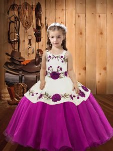 Enchanting Fuchsia Ball Gowns Embroidery Pageant Dress for Teens Zipper Organza Sleeveless Floor Length