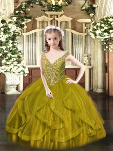 Cute Floor Length Olive Green Little Girl Pageant Gowns V-neck Sleeveless Lace Up