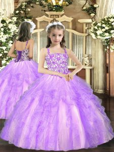 Sleeveless Tulle Floor Length Lace Up Pageant Dresses in Lavender with Beading and Ruffles