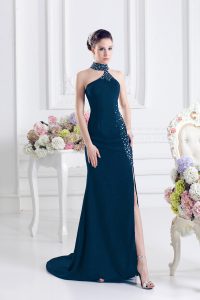 Superior Navy Blue Halter Top Neckline Beading Prom Evening Gown Sleeveless Lace Up