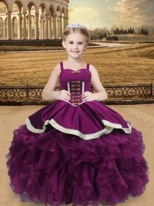 Top Selling Straps Sleeveless Little Girl Pageant Gowns Floor Length Beading and Ruffles Purple Organza