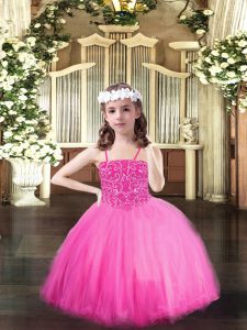 Hot Selling Sleeveless Tulle Floor Length Lace Up Pageant Gowns For Girls in Rose Pink with Beading