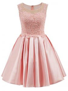 Mini Length Baby Pink Wedding Party Dress Satin Sleeveless Lace
