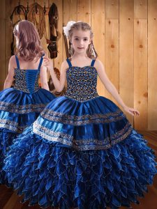 Fashionable Straps Sleeveless Little Girl Pageant Gowns Floor Length Beading and Appliques and Ruffles Royal Blue Satin 