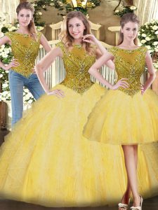 Sleeveless Tulle Floor Length Zipper Quinceanera Dresses in Gold with Beading and Ruffles