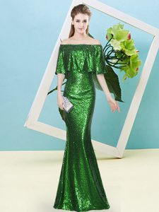 Mermaid Dress for Prom Dark Green Off The Shoulder Sequined Half Sleeves Floor Length Zipper