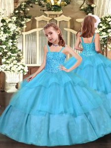 Floor Length Ball Gowns Sleeveless Aqua Blue Little Girl Pageant Dress Lace Up