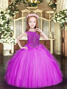 Cute Scoop Sleeveless Kids Pageant Dress Floor Length Beading and Ruffles Fuchsia Tulle