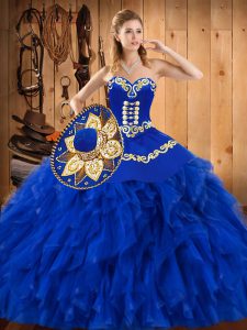 Blue Ball Gowns Satin and Organza Sweetheart Sleeveless Embroidery and Ruffles Floor Length Lace Up Quinceanera Dresses