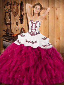 Floor Length Lace Up Sweet 16 Dresses Fuchsia for Military Ball and Sweet 16 and Quinceanera with Embroidery and Ruffles