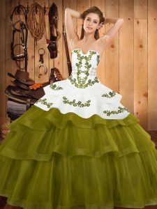 Pretty Olive Green Lace Up Strapless Embroidery and Ruffled Layers Quinceanera Dress Tulle Sleeveless Sweep Train