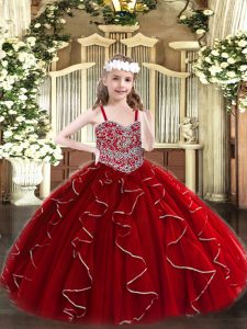 Wine Red Organza Lace Up Straps Sleeveless Floor Length Pageant Gowns For Girls Beading and Ruffles
