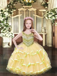 Stylish Floor Length Ball Gowns Sleeveless Gold Child Pageant Dress Lace Up