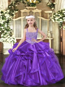 Perfect Purple Lace Up Custom Made Pageant Dress Beading and Ruffles Sleeveless Floor Length