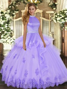 Custom Design Lavender Ball Gowns Halter Top Sleeveless Tulle Floor Length Backless Beading and Ruffles Sweet 16 Dresses