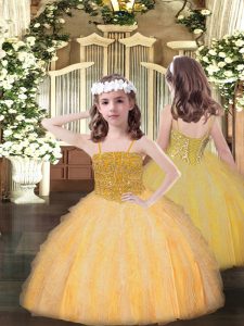 Best Ball Gowns Pageant Gowns For Girls Orange Spaghetti Straps Organza Sleeveless Floor Length Lace Up