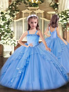 Straps Sleeveless Organza Kids Pageant Dress Appliques and Ruffles Lace Up