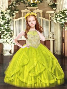 Floor Length Zipper Little Girls Pageant Gowns Yellow Green for Party and Quinceanera with Beading and Ruffles