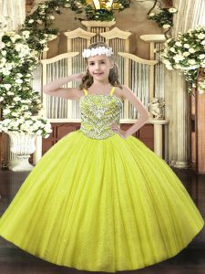 Yellow Tulle Lace Up Straps Sleeveless Floor Length Kids Pageant Dress Beading