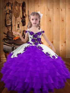 Purple Organza Lace Up Little Girl Pageant Gowns Sleeveless Floor Length Beading and Embroidery and Ruffled Layers
