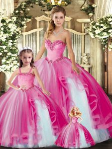 Delicate Fuchsia Sweetheart Neckline Beading and Ruffles Quinceanera Gown Sleeveless Lace Up
