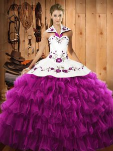 Fuchsia Ball Gowns Embroidery and Ruffled Layers 15th Birthday Dress Lace Up Satin and Organza Sleeveless Floor Length