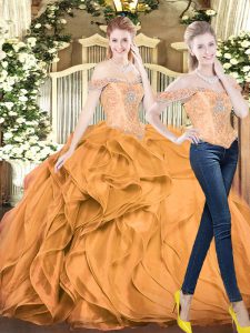 Great Floor Length Orange Red Quinceanera Gowns Organza Sleeveless Beading and Ruffles