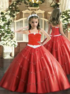 Tulle Straps Sleeveless Lace Up Appliques High School Pageant Dress in Red