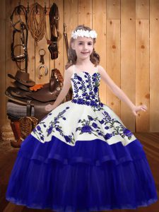 Stylish Purple Ball Gowns Straps Sleeveless Organza Floor Length Lace Up Embroidery Little Girls Pageant Dress