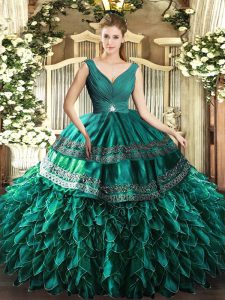 Sweet Beading and Ruffles Sweet 16 Dress Turquoise Backless Sleeveless Floor Length