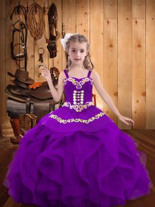 Eggplant Purple Ball Gowns Embroidery and Ruffles Little Girls Pageant Dress Lace Up Organza Sleeveless Floor Length