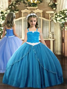 Straps Sleeveless Tulle Pageant Dress for Teens Appliques Sweep Train Lace Up
