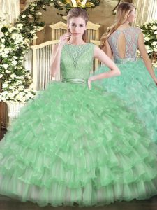 Apple Green Ball Gowns Tulle Scoop Sleeveless Beading and Ruffled Layers Floor Length Backless Quince Ball Gowns