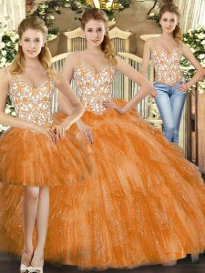 Fabulous Orange Red Lace Up Straps Beading and Ruffles Vestidos de Quinceanera Organza Sleeveless