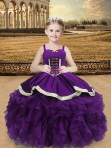 Floor Length Eggplant Purple Kids Formal Wear Straps Sleeveless Lace Up
