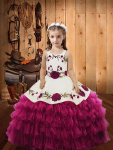 Fuchsia Ball Gowns Organza Straps Sleeveless Embroidery and Ruffled Layers Floor Length Lace Up Kids Formal Wear