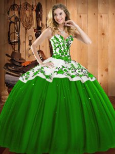 Green Satin and Tulle Lace Up Sweetheart Sleeveless Floor Length 15th Birthday Dress Appliques and Embroidery