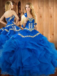 Simple Sleeveless Satin and Organza Floor Length Lace Up Sweet 16 Dresses in Blue with Embroidery and Ruffles