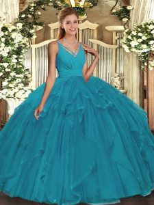 Teal Vestidos de Quinceanera Military Ball and Sweet 16 and Quinceanera with Ruffles V-neck Sleeveless Backless