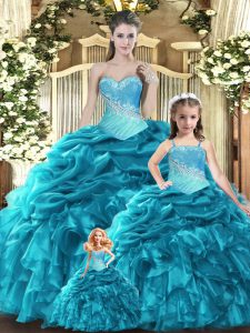 Teal Ball Gowns Sweetheart Sleeveless Tulle Floor Length Lace Up Beading and Ruffles and Ruching and Pick Ups 15th Birth