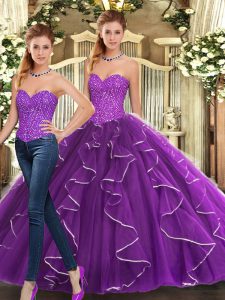 Floor Length Two Pieces Sleeveless Eggplant Purple Quinceanera Gown Lace Up