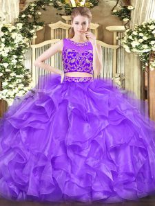 Beading and Ruffles Quinceanera Gowns Lavender Zipper Sleeveless Floor Length