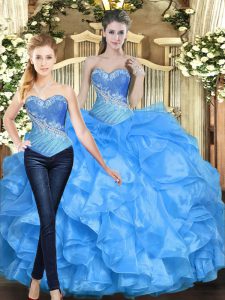 Graceful Floor Length Lace Up 15th Birthday Dress Baby Blue for Military Ball and Sweet 16 and Quinceanera with Beading 