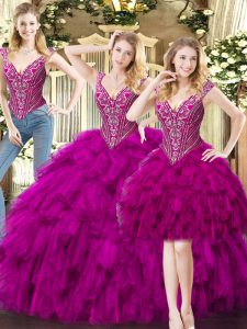 Charming Fuchsia Organza Lace Up Quinceanera Dress Sleeveless Floor Length Beading and Ruffles