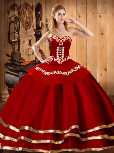 Wine Red Ball Gowns Organza Sweetheart Sleeveless Embroidery Floor Length Lace Up Quinceanera Gown